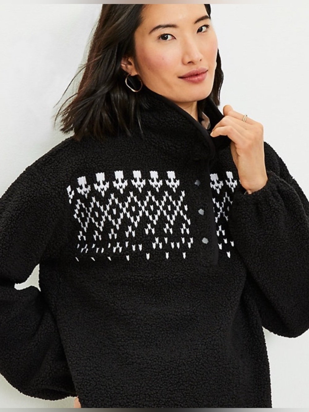 New LOFT Cozy Sherpa Fair Isle Black Pullover L - Picture 2 of 11